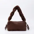 Deep brown faux fur shoulder bag with plush texture and adjustable leather strap - Dark Brown