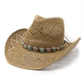 Ethno-Hohlstrick-Cowboy-Strohhut mit türkisfarbenem Perlenband und gebogener Krempe - M (56-58cm) / Khaki