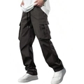Men's relaxed fit multi-pocket cargo pants in dark charcoal grey cotton fabric - Dark Gray