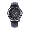 Detailed macro view of the mechanical watch skeleton dial with silver case and black leather strap - Silver Case Black Dial Silver Hollow
