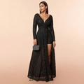 Detail view of black sequined V-neck dress with long sleeves and mesh split skirt - XS / Black