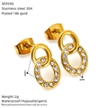 Macro shot of 18k gold plated interlocking circle earrings with inlaid zircons and dimensions - Interlocking Double Ring Style (SE059G)