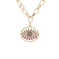 Collar de cadena dorada gruesa con colgante de ojo de turco y circonitas en fondo blanco - Cadena Gruesa / Dorado
