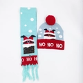 LED glowing Christmas knit hat and scarf set in light blue with HO HO HO text - Set 19 (Cyan Red Chimney Santa)