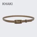 Slim khaki leather belt for women with rectangular leather-wrapped buckle for jeans - 105cm / Khaki
