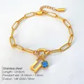 14K vergulde roestvrijstalen armband met letter U en blauwe vierkante edelsteen - Letter U / Staalkleur
