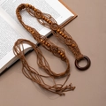 Handmade bohemian dark brown braided belt with wooden beads and tassels on a book - X492-4 Light Coffee/Wooden Buckle