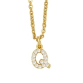 Detailed macro view of gold-plated letter Q pendant with shimmering white micro-inlaid zircons - Letter Q / Gold
