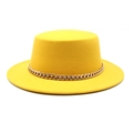 Classic yellow wool flat top wide brim hat with stylish gold chain detail for women - M (56-58cm) / Yellow