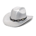Chapeau de cowboy argenté holographique avec ceinture décorative noire à conchos - M (56-58cm) / Argenté