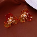 Detail of amber translucent floral earrings with pearl center and rhinestone accents - 5# Orange Amber Texture Petals (925 Sterling Silver Earring Post)