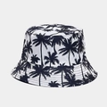 Close-up of tropical palm tree print and reinforced stitching on white bucket hat - M (56-58cm) / Dark Blue