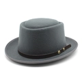 Detailed macro view of grey felt hat with brown leather band and metallic rivets - M (56-58cm) / Gray