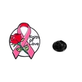 Pink ribbon and red rose enamel pin with Faith of Love text and black butterfly clutch - Faith of Love Rose Style (C2661-1)