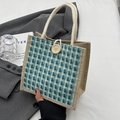Linen handbag with blue white green plaid pattern and beige handles with wood button - Button Decor Style / Blue