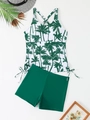 Flat lay of tropical coconut tree print tankini with drawstring details and green shorts - S / Green