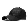 Black quilted PU leather baseball cap with diamond stitching and adjustable strap - Black (Rhombus Texture)