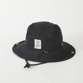 Detail of black denim bucket hat with urban city label and adjustable chin strap cord - 52cm (2-5 Years) / Square Label - Black