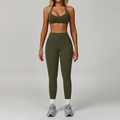 Olive green backless yoga set featuring halter neck sports bra and high-waisted leggings - S / Bra Style 2 + Leggings / Vine Green