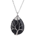 Teardrop black stone necklace with silver tree of life wire wrap and matching chain - Obsidian Silver