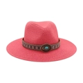 Chapeau de soleil en paille rose corail avec broderie ethnique et pierre turquoise - Chapeau de Paille Rose (Pierre Bleue Ovale)