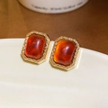 Macro detail of amber resin earrings with gold vintage filigree frame and marble texture - 56# Silver Earring Post-Gold-Brown-Vintage Rectangular Scrolling