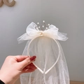 Girls princess headband with white lace veil, silver crown, pearls and ribbon bow - 8# Pearl Crown Beige