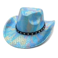 Macro shot of blue-purple holographic snake pattern and black studded belt on cowboy hat - M (56-58cm) / Lake Blue