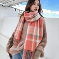 Pink plaid winter scarf with tassels, soft thickened warm wrap for women and couples - Orange Red Beige