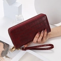 Portefeuille long femme bordeaux en cuir PU gaufré crocodile avec double fermeture éclair - Bordeaux