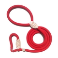 Detail of red rock climbing rope dog leash with white leather reinforcement and metal ring - Red