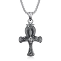 Collana con pendente croce Ankh egiziana in argento antico con rilievo di Horus - Stile 2 Colore Acciaio con Catena (C0203-2)
