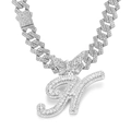 Silver-toned iced out cuban chain necklace with rhinestone butterfly and letter H pendant - Silver Letter H