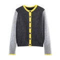 Cardigan in maglia a contrasto grigio con bordo giallo, scollo rotondo e bottoni scuri - S / Colore a Contrasto