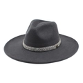 Detail of dark grey wool felt fedora with silver rhinestone band and metal M logo - M (56-58cm) / Dark Gray