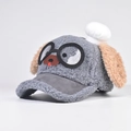 Close-up of grey sherpa baseball cap with plush puppy ears and cute glasses embroidery - 55cm (Adjustable) / Gray