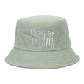 Detailed view of Boy Mom embroidery and heart on light green cotton bucket hat - Adjustable / Azure Blue