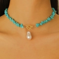 Bohemian turquoise gravel necklace with white baroque pearl and golden OT toggle clasp - Turquoise Crushed Stone Style (kc金WG-1149)