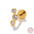 Golden 925 sterling silver ear stud featuring three vertical round cubic zirconia stones - Single Gold-Three Zircon Row