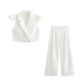 Women white two-piece set featuring ruffle sleeve vest with gold buttons and wide leg pants - XS / White