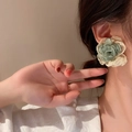 Large asymmetric fabric flower earrings in dark green and beige for women - Green & Beige Chiffon Rose (26#)
