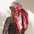 Pink and blue paisley silk scarf square in premium satin finish worn by model - S204 Pink