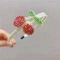 Close-up of handmade beaded cherry headband with red fruit and green leaf details - Headband / Wine Red Cherry Headband