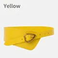 Women's wide leather waist belt in bright yellow with a triangular gold buckle - Yellow