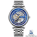 Men's automatic hollow watch with silver steel strap and blue skeleton dial - Silver Case Blue Dial Steel Strap