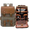 Waterproof army green canvas camera backpack with vintage leather straps and padded dividers - Drone Version / Army Green