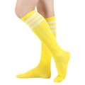 Detailed knit texture of bright yellow knee-high socks with triple white stripes on top - One Size / Yellow with White Stripes