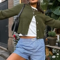 Gilet en maille vert foncé pour femmes et short à rayures bleues style décontracté - L / Vert Armée