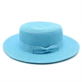 Detail of light blue boater hat featuring fine weave texture and elegant grosgrain bow - Lake Blue