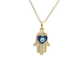 Collier main de Fatma dorée avec pavé de zircons et pendentif cœur œil protecteur - Main de Hamsa Cœur Émail (CB001071CX)